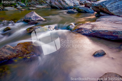 Image of river stream flowing over rock formations in the mountains