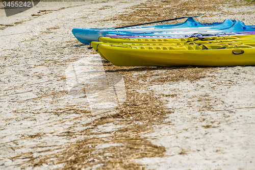 Image of set of kayaks laying on sandy beach on sunny day