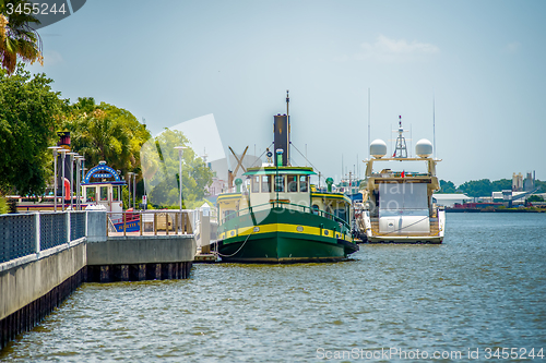 Image of ferry floating on river in savannah georgia usa