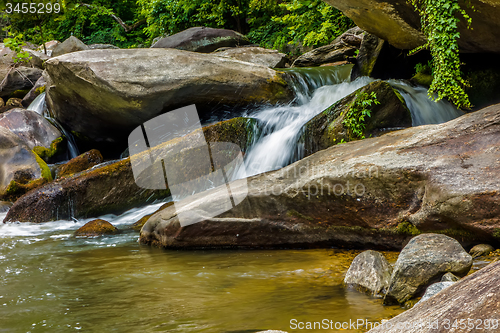 Image of river stream flowing over rock formations in the mountains