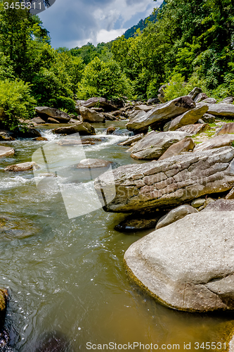 Image of river stream flowing over rock formations in the mountains