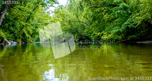 Image of view from kayak towards mountain river rushing waters