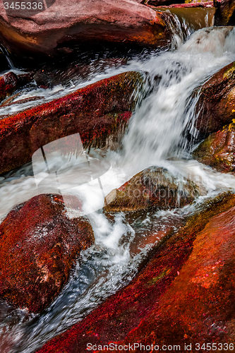 Image of river stream flowing over rock formations in the mountains