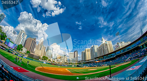 Image of bbt baseball charlotte nc knights baseball stadium and city skyl