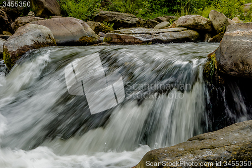 Image of river stream flowing over rock formations in the mountains