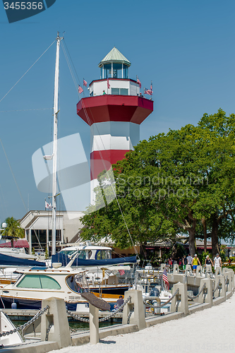 Image of A clear blue sky features the Harbour Town Lighthouse - famous l