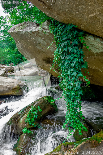 Image of river stream flowing over rock formations in the mountains