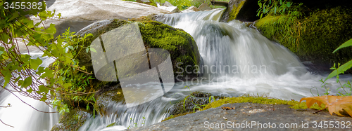 Image of river stream flowing over rock formations in the mountains