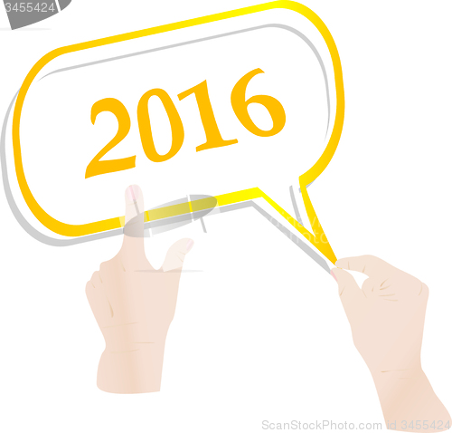 Image of hand with abstract speech bubbles set on white Christmas background, 2016 new year concept