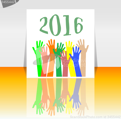 Image of 2016 and people hands set symbol. The inscription 2016 in oriental style on abstract background