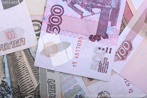 Image of Russian money background. Rubles banknotes closeup texture