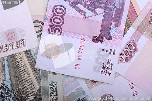 Image of Russian money background. Rubles banknotes closeup texture