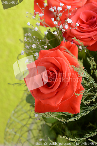 Image of bouquet of blossoming dark red roses in vase, close up flower