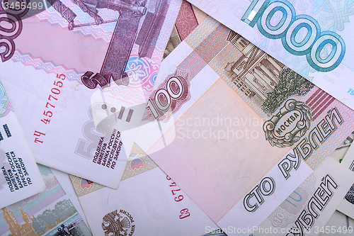 Image of Russian money background. Rubles banknotes closeup texture