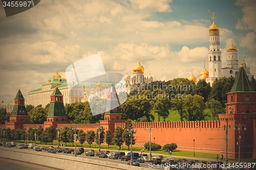 Image of Moscow river, the ship and the Grand Kremlin Palace, Russia