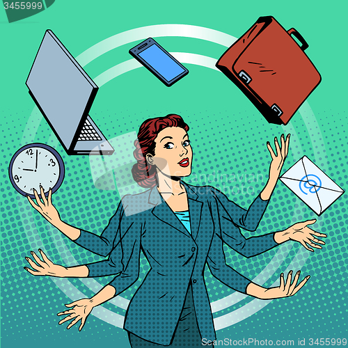 Image of Businesswoman many hands business idea time management