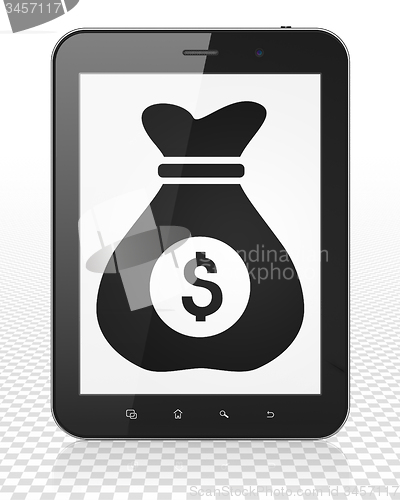 Image of Finance concept: Tablet Pc Computer with Money Bag on display