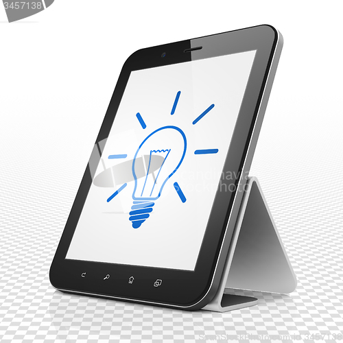 Image of Business concept: Tablet Computer with Light Bulb on display