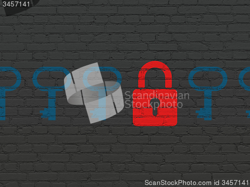 Image of Privacy concept: closed padlock icon on wall background