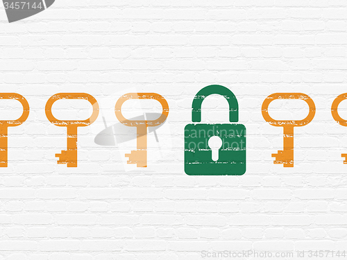 Image of Security concept: closed padlock icon on wall background