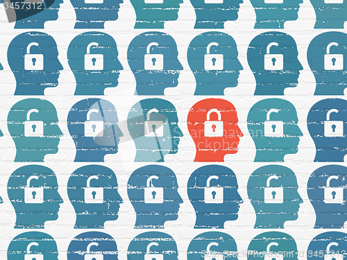 Image of Security concept: head with padlock icon on wall background