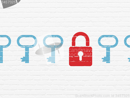 Image of Security concept: closed padlock icon on wall background