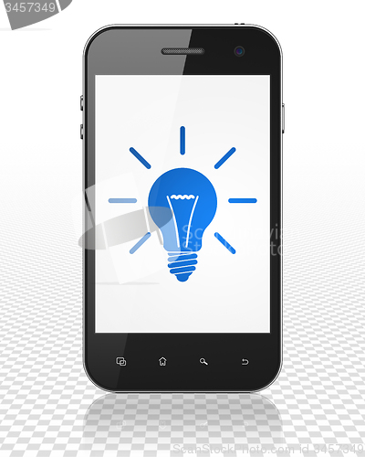 Image of Finance concept: Smartphone with Light Bulb on display