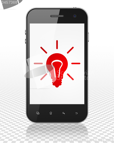 Image of Business concept: Smartphone with Light Bulb on display
