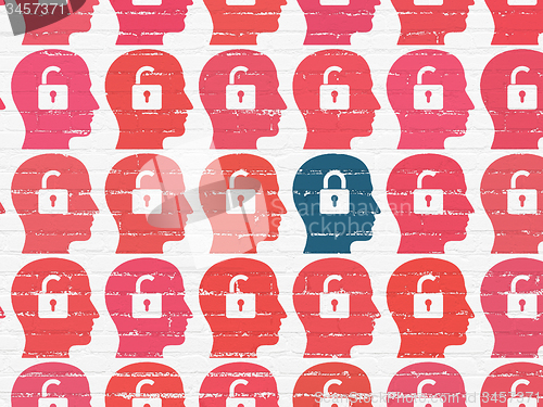 Image of Finance concept: head with padlock icon on wall background