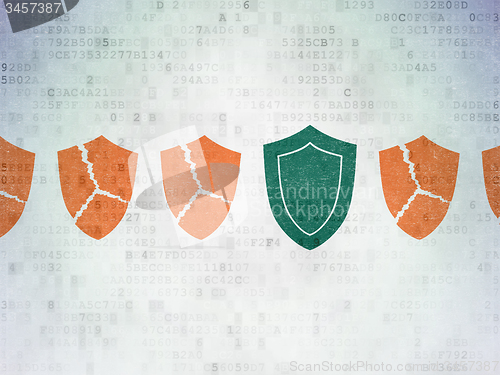 Image of Security concept: shield icon on Digital Paper background