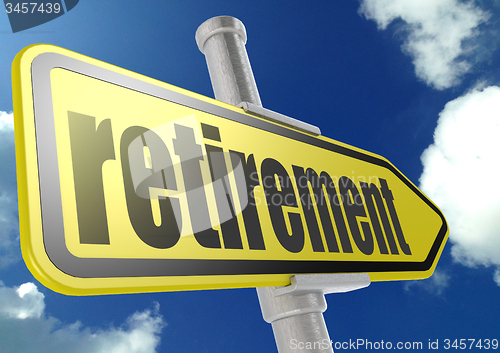 Image of Yellow road sign with retirement word under blue sky