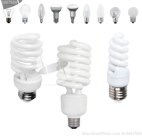 Image of Different old types of bulbs and modern light-bulb