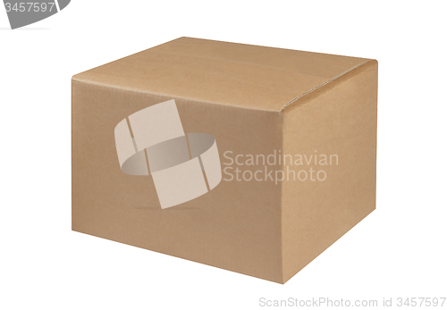 Image of Closed cardboard box taped up and isolated on a white background.