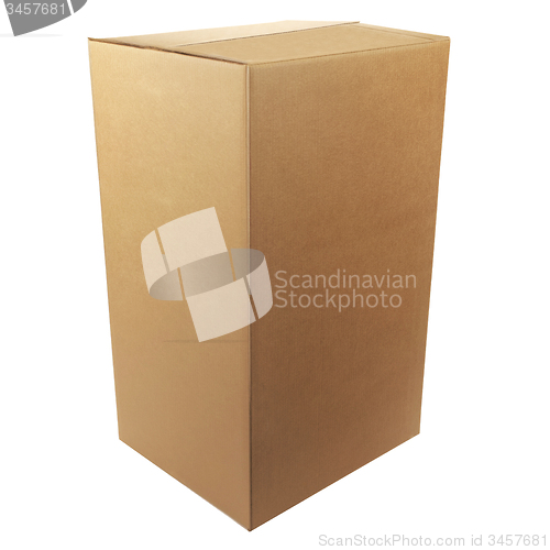 Image of Closed cardboard box taped up and isolated on a white background.