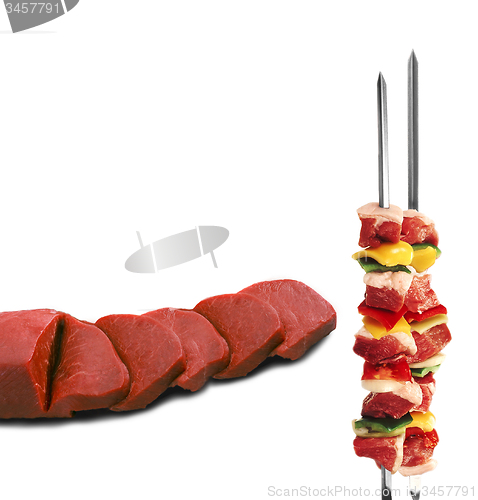 Image of shish kebab on skewers and raw meat