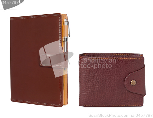 Image of Leather notebook and pencil with wallet