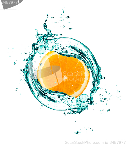 Image of orange in spray of water
