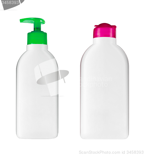 Image of Plastic bottles with soap and shampoo