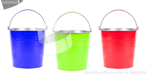 Image of blue, green, red buckets isolated