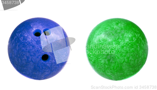 Image of blue and green marbled bowling balls isolated