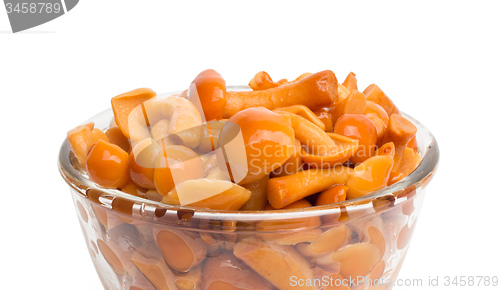 Image of small dish of tasty canned sliced mushrooms.