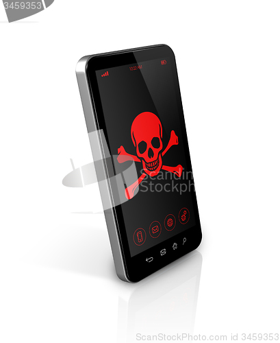 Image of smart phone with a pirate symbol on screen. Hacking concept