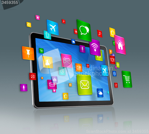 Image of Digital Tablet and flying apps icons