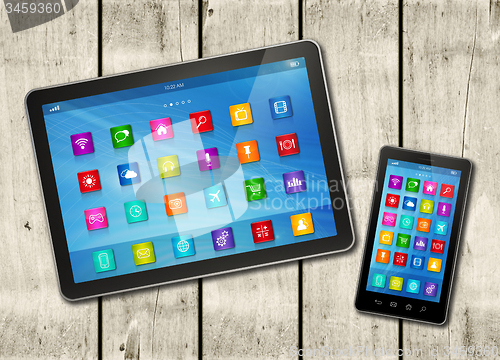 Image of Smartphone and digital tablet PC with desktop icons on a white w