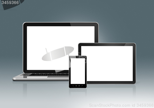 Image of High Tech Laptop, mobile phone and digital tablet pc