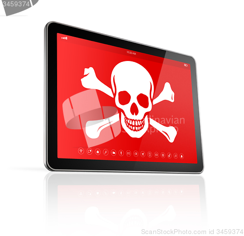 Image of digital tablet PC with a pirate symbol on screen. Hacking concep