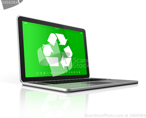 Image of Laptop with a recycle symbol on screen. environmental conservati