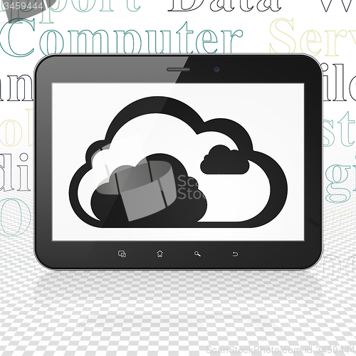 Image of Cloud networking concept: Tablet Computer with Cloud on display