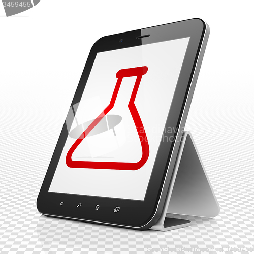 Image of Science concept: Tablet Computer with Flask on display