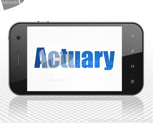 Image of Insurance concept: Smartphone with Actuary on display